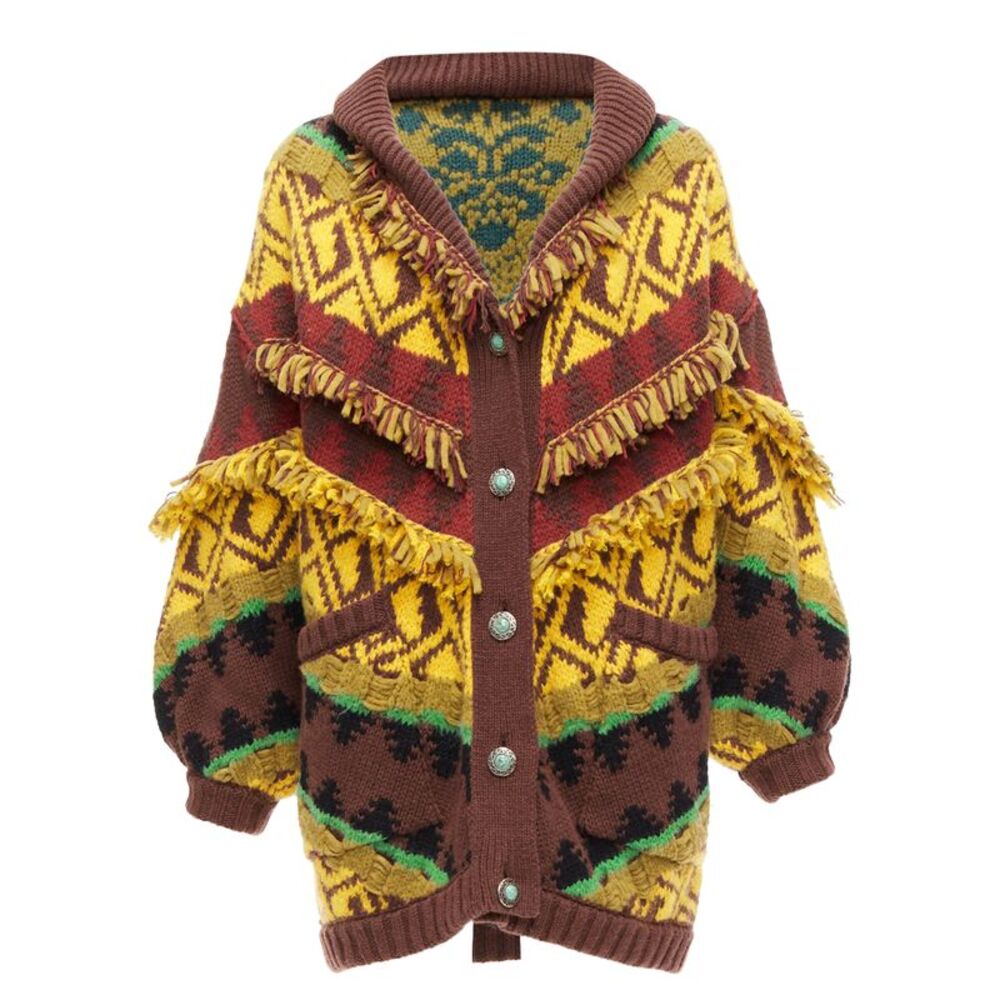 Etro wool blend fringe trimmed jacquard cardigan